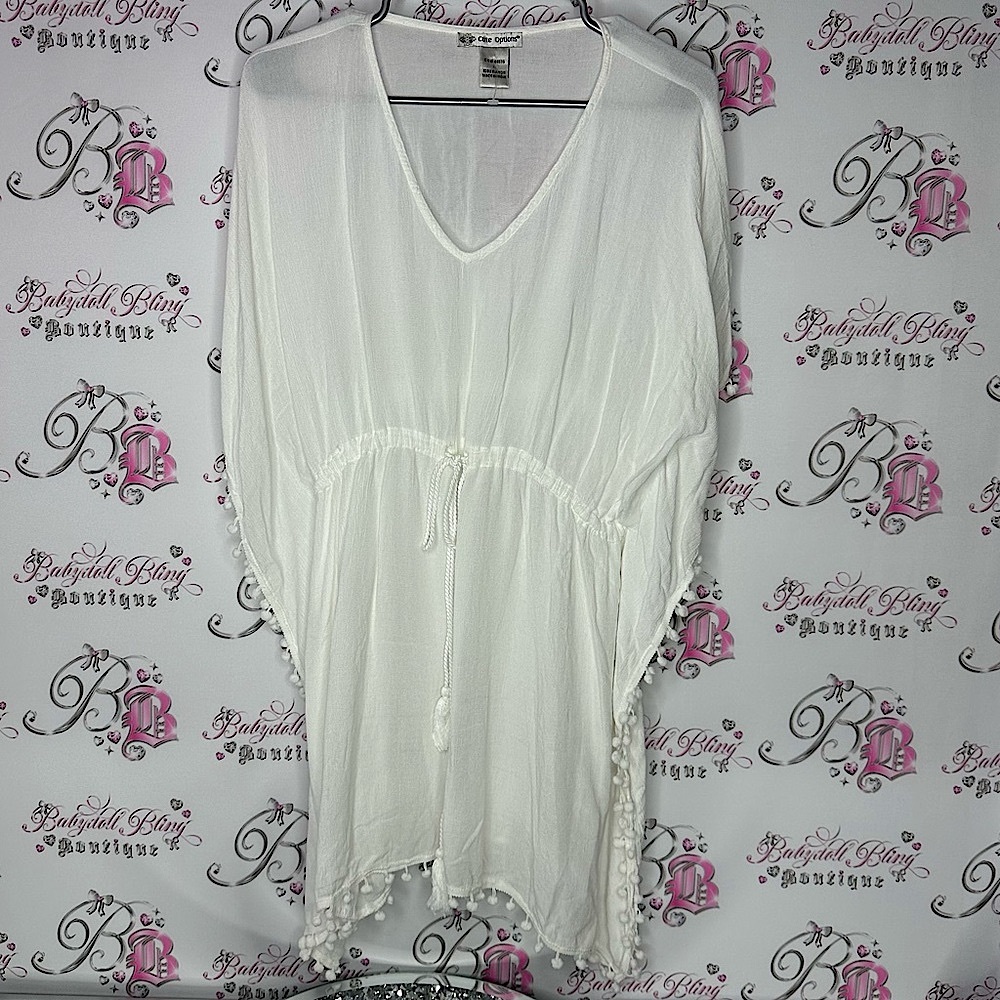 Cute options dress tassle Pom Pom coverup white beach tie up belted coverup